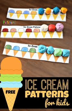 three ice cream patterns for kids to make with their own hands and fingers on the table