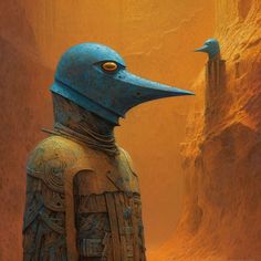 a blue bird standing next to a tall stone statue in a desert area with mountains behind it