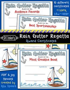 three certificates for rain gutter regatta with the words rain gutter regatta written on them