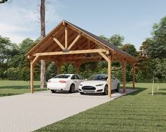 two cars are parked under a wooden covered carport in the grass near some trees