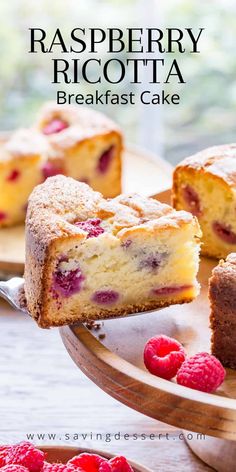 raspberry ricotta breakfast cake on a wooden plate with fresh raspberries