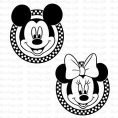 mickey and minnie mouse heads in black and white with checkered circles on the bottom