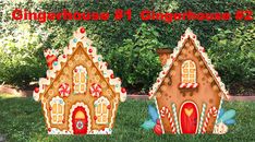 two gingerbread houses sitting in the grass