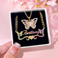 Material: Copper. Color: Gold. Necklcae Chain Length: 14",16",18",20",22". Process: Gold plated. Recipient: Woman, Mom, Wife, Girl Friend, Children, Family. Product Type: Personalized Jewelry. Gift Type: Set. Occasions: Valentine's Day, Mother's Day, Christmas, Birthday, etc. Jewelry Type: Name Necklace, Butterfly Necklace. Brand: Silviax Jewelry. Item: 2024S0020. Multicolor Jewelry For Valentine's Day Birthday, Multicolor Chain Charm Necklace For Gifts, Personalized Multicolor Charm Necklaces, Gift Multicolor Pendant Chain Necklace, Personalized Gold Butterfly Necklace For Mother's Day, Multicolor Pendant Chain Necklace As Gift, Elegant Personalized Multicolor Necklaces, Gold Metal Jewelry For Birthday Gift, Multicolor Metal Chain Necklace As A Gift