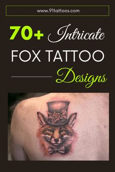 the back of a man's chest with tattoos on it and an image of a fox