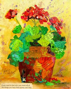 a painting of a potted plant with red flowers in it and a poem written on the side