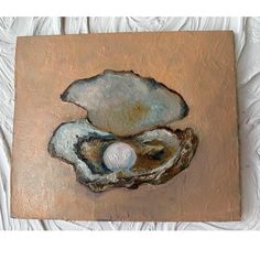 an acrylic painting of two oysters on a piece of wood with white paint