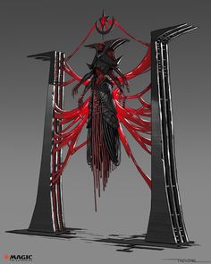 an artistic rendering of a demon standing in front of two tall pillars with red and black designs on them