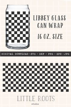 a glass jar with black and white checkered design on it, sitting next to the words library glass can wrap 16oz size