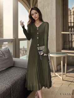 Lasaky - Stylish Knitted Sweater Dress with Large Collar, Long Sleeves, Flared Hem, and Button Embellishments Knitted Sweater Dress, Elegant Casual Dress, Button Embellishments, Strapless Bodycon Dress, Basic Skirt, 70 Dress, Knit Sweater Dress, Skirt Type, Basic Outfits