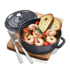 a painting of shrimp and bread in a pan on a cutting board with utensils