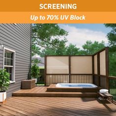 a deck with a hot tub on it and the words screening 70 % iv block