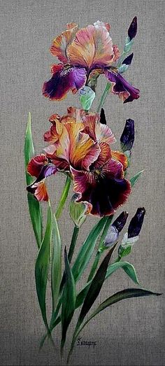 an oil painting of two purple and orange flowers on a beige background with green stems