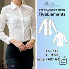 Women Casual Long Sleeve Blouse PDF Sewing Pattern Simple Office Shirt PDF Pattern Shop Bundle: https://www.etsy.com/listing/1780689029/whole-shop-bundle-sewing-pattern-blouses Sizes: US Size 4  - 16            EU Size XS - 3XL Sewing Pattern instructions language: English Print size: - A0 pattern files                    - A4 pattern files                    - US LETTER pattern files (For different print sizes please contact me and I will be more than happy to help. Just send me a message). Pattern specifications: PDF Pattern, PDF Instructions, Size Specifications, Cut Instructions, and more... Cloth Specs: long sleeve blouse, office blouse, casual blouse, loose shirt, simple blouse, peasant blouse, sheer blouse. Material: Cotton, Satin, Cotton + Polyester, Nylon, Linen. This is a digital Simple Shirt Sewing Pattern, Simple Shirt Pattern, Simple Office, Office Blouse, Office Shirt, Shirt Sewing Pattern, White Shirt Blouse, Pattern Simple, Simple Blouse