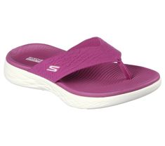 Walk with warm-weather style and comfort wearing Skechers On-the-GO 600 - Sunny. This sporty 3-point thong sandal features a soft woven mesh upper, supportive contoured Goga Mat footbed design, lightweight 5GEN cushioning and a GO RUN 600 outsole design. | Skechers Women's On-the-GO 600 - Sunny Sandals Outsole Design, Wide Shoes, Fuchsia Color, Skechers Women, Comfort Wear, Designer Sandals, Personal Marketing, Pool Slides, Thong Sandals