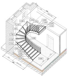 an architectural drawing of a spiral staircase