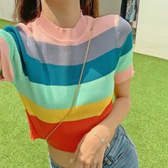 Denim Jumpsuit Outfit, Cute Outfits With Shorts, Rainbow Top, Western Outfit, Rainbow Outfit, Heart Embroidery, Jumpsuit Outfit, Loose Shirt, Free Socks