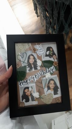 a person holding up a photo frame with pictures on it and the words happy birthday