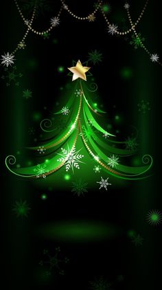 a green christmas tree with snowflakes and stars on the top, against a black background