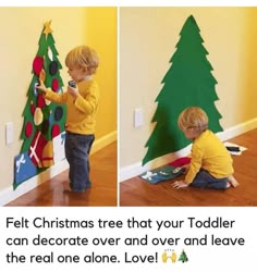 two photos of a child decorating a christmas tree on the facebook page, and then sharing it with friends