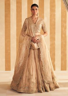 Immerse yourself in luxury with this opulent ensemble featuring a hand embroidered gold net blouse, paired with a resplendent gold tissue embroidered lehenga. The blouse boasts intricate hand embroidery, adding a touch of artisanal elegance, while the lehenga is richly adorned with complementary gold tissue embroidery. Wedding Reception Dress Indian, Reception Dress Indian, Tissue Lehenga, Ridhi Mehra, Modern Skirt, Net Blouse, Diwali Outfits, Net Blouses, Embroidered Crop Tops