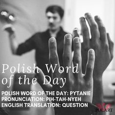 polish word of the day with two hands raised up in front of a man who is looking at his reflection