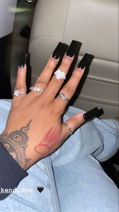 Midnight Blue Nails Acrylic Designs, Black Nails With Rhinestones Short, Black Arclyc Nails, Black Nails Black Women, Black Square Acrylic Nails, All Black Nails, Nails With Nail Art, Long Black Nails, Gel Toe Nails