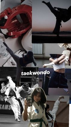 a collage of photos with people doing different things in the same photo and caption that says, takekwondo