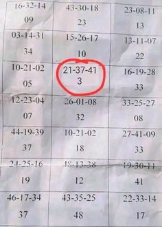 a piece of paper with numbers on it and a red circle in the middle is shown