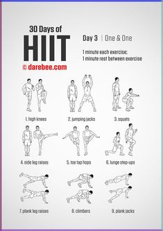 the 30 days of hiit workout poster shows how to do it in 3 minutes