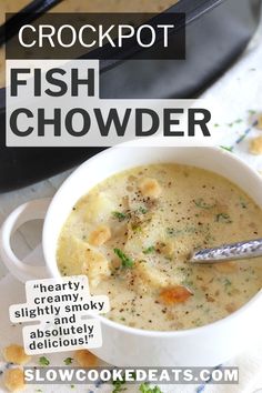 a close up of a bowl of fish chowder