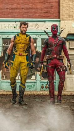 two deadpools standing in front of a building