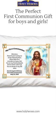 a pillow with the words, first communion gift for boys and girls