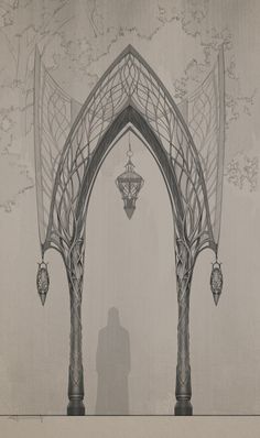 a drawing of a person standing in front of an arch