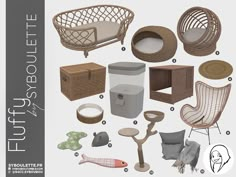 an assortment of wicker furniture and accessories