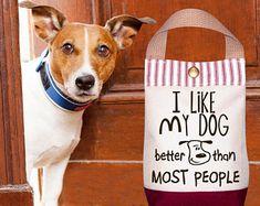 a brown and white dog standing next to a door with a bag on it's back