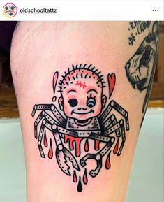 a tattoo on the leg of a person with a spider and blood dripping from it