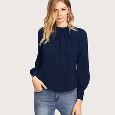 Navy Blue Casual  Long Sleeve Chiffon Plain Top  Non-Stretch Spring/Fall Women Tops, Blouses & Tee Lantern Sleeve Shirt, Long Sleeve Chiffon Shirt, Stand Collar Blouse, Ladies Chiffon Shirts, Pleated Blouse, Chiffon Long Sleeve, Chiffon Shirt, Collar Blouse, Lantern Sleeve