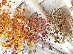 an assortment of orange and yellow glass objects hanging from the ceiling in a room with white walls