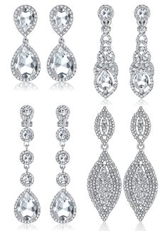 PRICES MAY VARY. ❤【FASHION CLIP ON EARRINGS】One order includes 4 pairs clip on earrings for women, with chandelier earrings, teardrop earrings, leaf earrings and long dangle earrings. These clip on wedding earrings are studded with shiny rhinestone crystals, sparkle and eye-catching, allow you look elegant and stunning in the crowd. ❤【NON-PIERCED DESIGN】Ear clip earrings, Specially designed for people without pierced ears. Silver rhinestone earrings are extremely lightweight and convenient to we Pierced Ears Silver, Crystal Wedding Earrings, Earrings For Bride, Non Pierced Earrings, Formal Earrings, Fake Earrings, Wedding Jewelry For Bride, Long Silver Earrings, Crystal Earrings Wedding