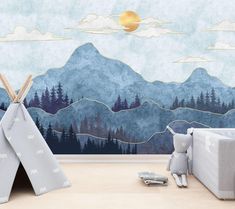 Silhouettes of Mountains, Trees Nursery Decor Wall Gift, Art Print Photomural Wallpaper Mural Easy-Install Removeable Peel and Stick Decal Fotowalls tailored wall art products are space transformers - designed to instantly create a feeling or a look, and make your rooms as unique as you are. 📦🌎 FREE WORLDWIDE EXPRESS SHIPPING! 🌎📦 📍📐 All sizes are Width by Height 📐📍 INK ➡  We print using HP EcoLatex ink; GreenGuard Gold status with ultra-low emissions and VSC's, suitable for children's be Mountain Nursery Wall, Kindergarten Wallpaper, Mountain Mural, Mountain Nursery, Mountain Landscape Painting, Nursery Wall Murals, Mountain Wallpaper, Cloud Wallpaper, Mountain Designs