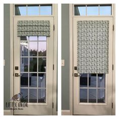 two pictures of the same window coverings in front of an open door with one closed and another closed