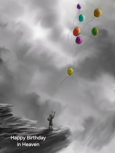 a man flying a kite in the sky with balloons attached to it's strings