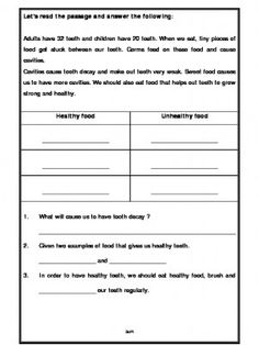 the worksheet is shown for students to learn about food and their health needs