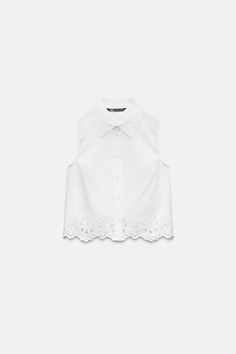 EMBROIDERED EYELET CROPPED SHIRT - White | ZARA United States Spring Workwear Tops With Cute Collar, Embroidered Collared Tops For Work, Embroidered Spread Collar Top For Work, Summer Top With Collar And Placket, Fitted Floral Embroidery Top With Collared Neckline, Chic Sleeveless Top With Lace Collar, Summer Embroidered Shirt With Collared Neckline, Spring Lace Collar Button-up Shirt, Workwear Tops With Cute Lace Collar