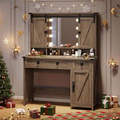 a christmas tree is in front of a wooden desk with lights on it and presents underneath