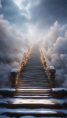 a stairway leading up to the sky with lights on it and snow covered trees in the background