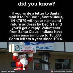 santa clause holding up a post office sign in front of a building with the caption did you know? if you write a letter to santa, mail it to ppq