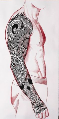 a drawing of a man's arm with tattoos on it