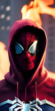 the spider - man is wearing a red hoodie and looking at something in front of him